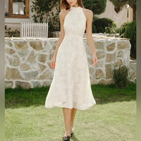 Rihoas Beige Halter Floral Midi Dresses - Picture 1 of 9